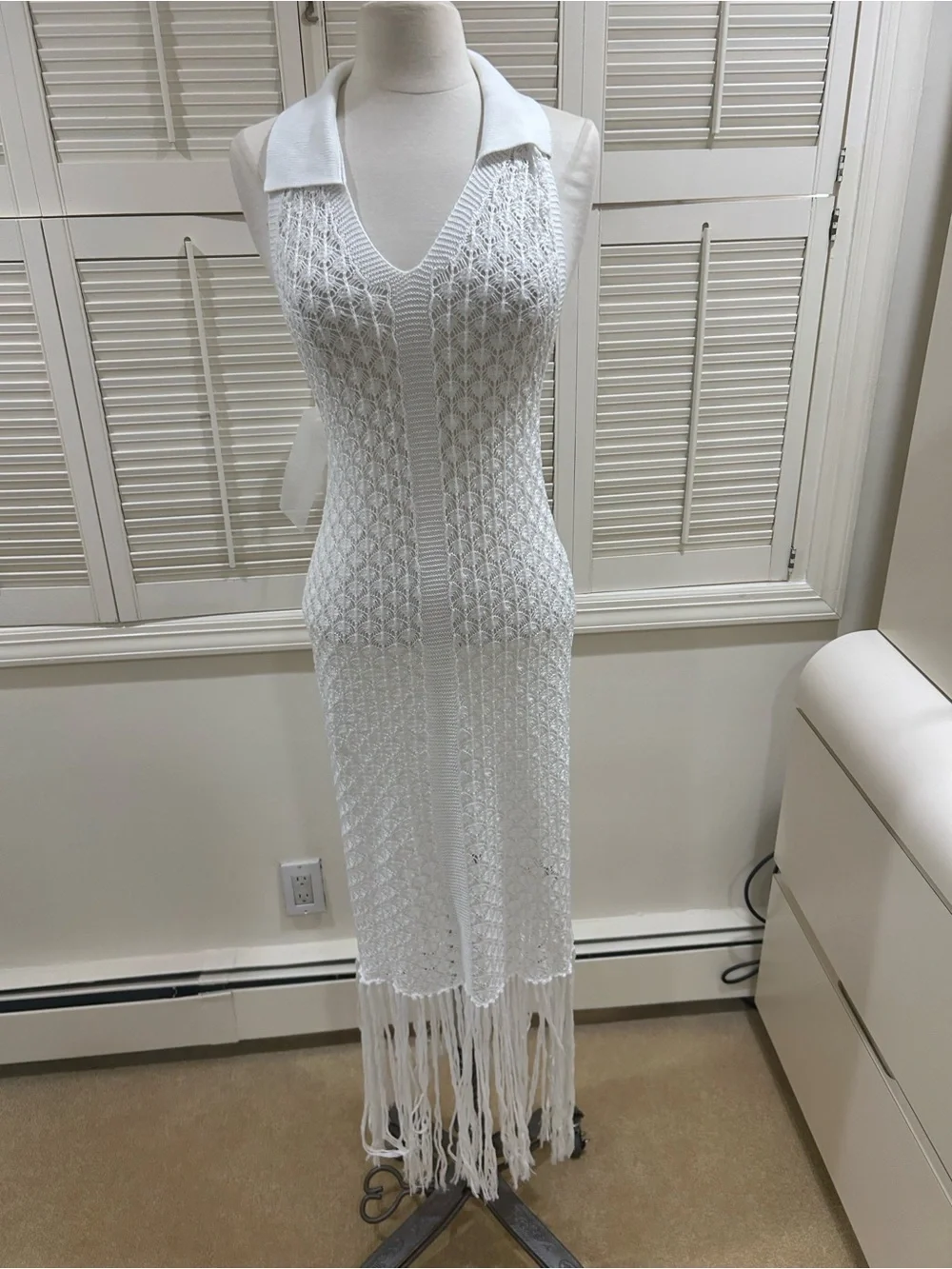New White Crochet Fringe Maxi Dress Cover up with Collared V-Neck